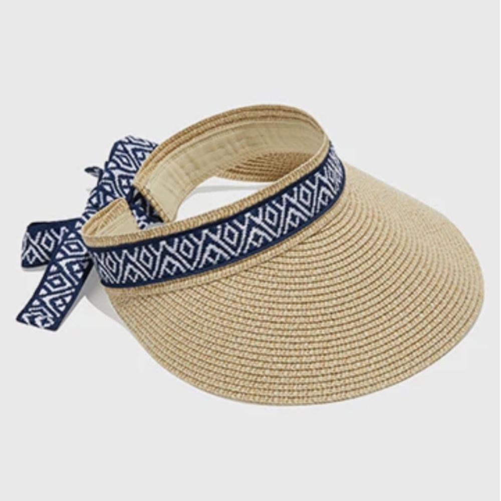 Packable Straw Visor with Blue Ribbon